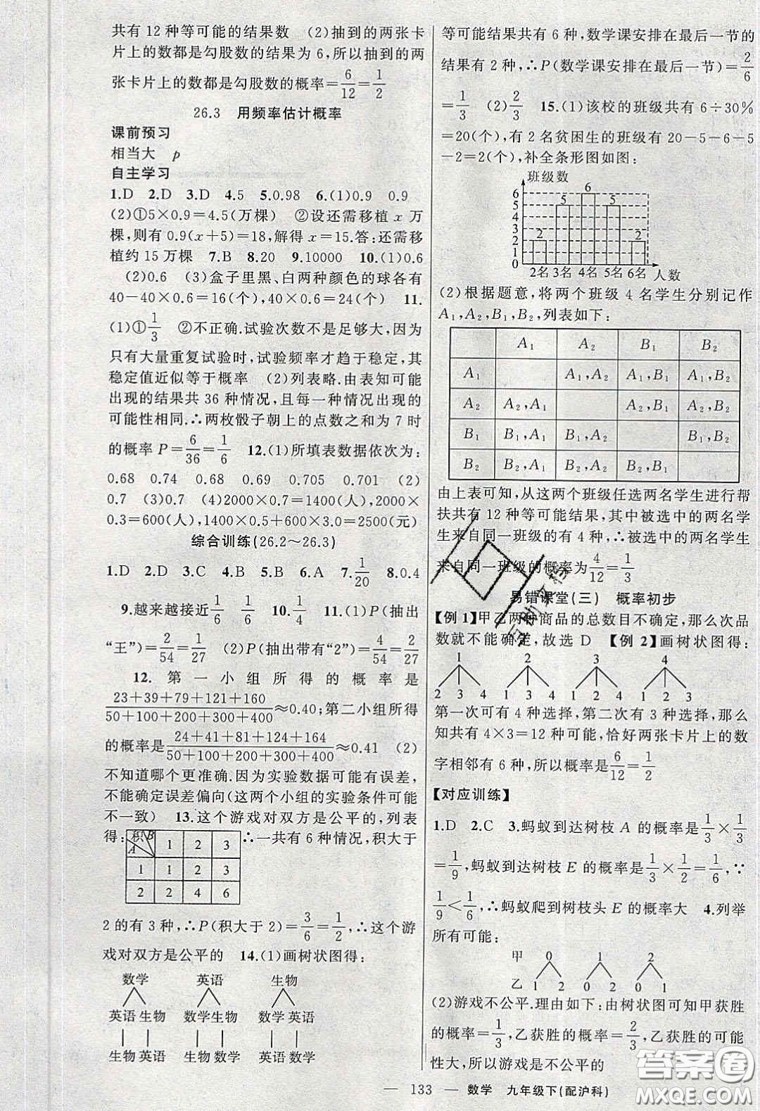 2020原創(chuàng)新課堂九年級(jí)數(shù)學(xué)下冊(cè)滬科版答案