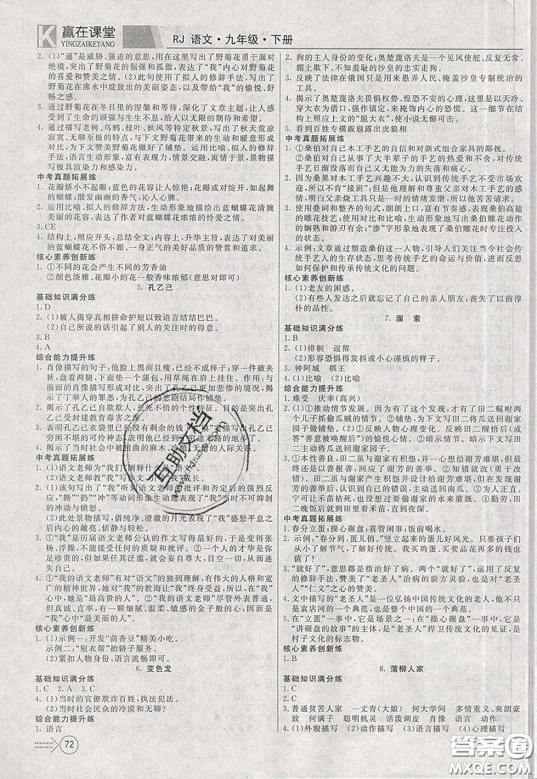 2020年贏在課堂滿分特訓(xùn)一本通九年級(jí)下冊(cè)語(yǔ)文人教版參考答案