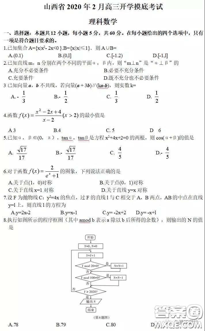 山西省2020年2月高三開學(xué)摸底考試?yán)砜茢?shù)學(xué)試題及答案