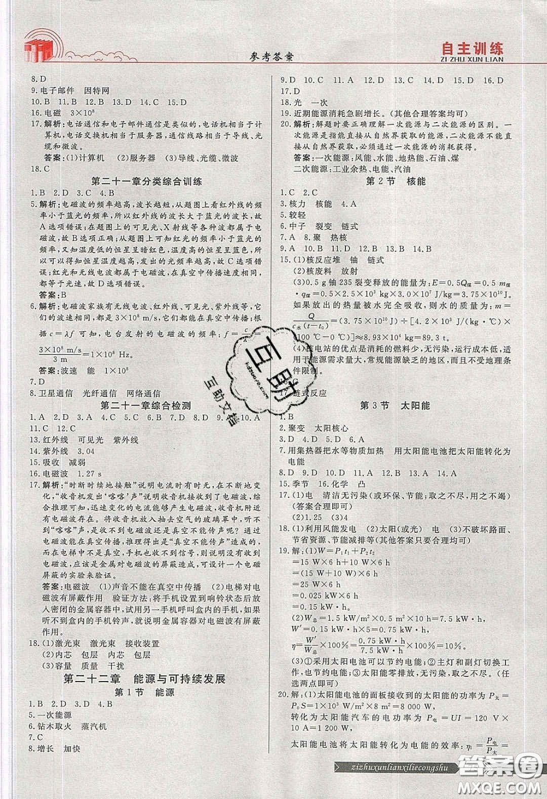 2020自主訓(xùn)練九年級物理下冊人教版答案