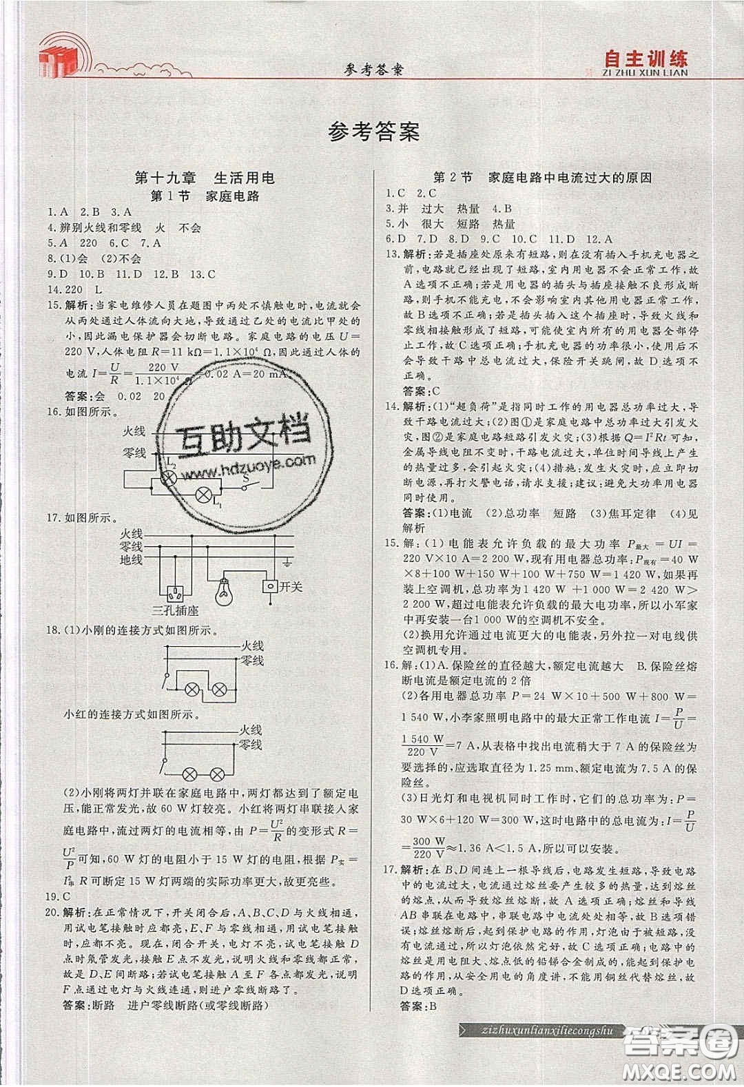 2020自主訓(xùn)練九年級物理下冊人教版答案