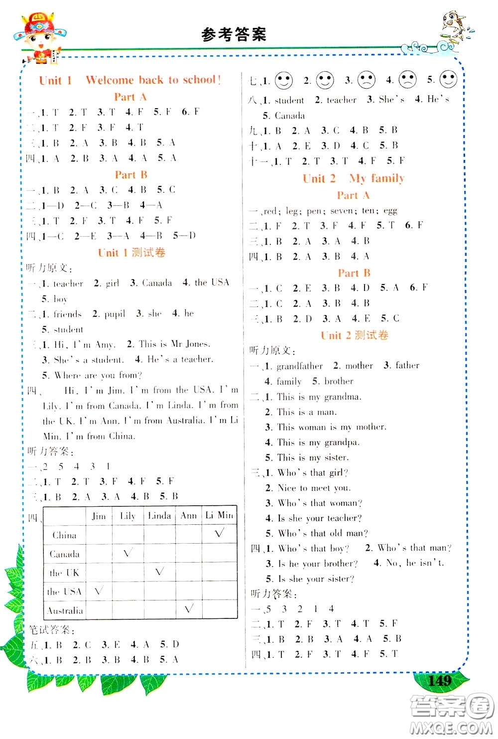 2020年狀元大課堂好學(xué)案三年級下冊英語PEP人教版參考答案