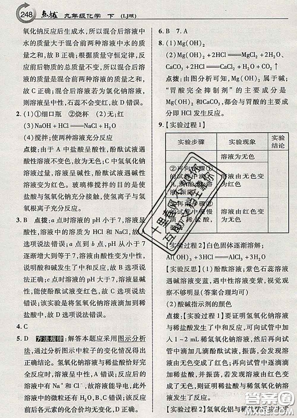 吉林教育出版社2020春特高級教師點撥九年級化學下冊魯教版答案