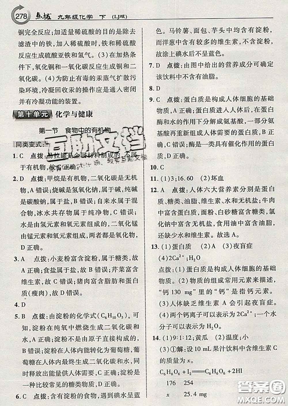 吉林教育出版社2020春特高級教師點撥九年級化學下冊魯教版答案