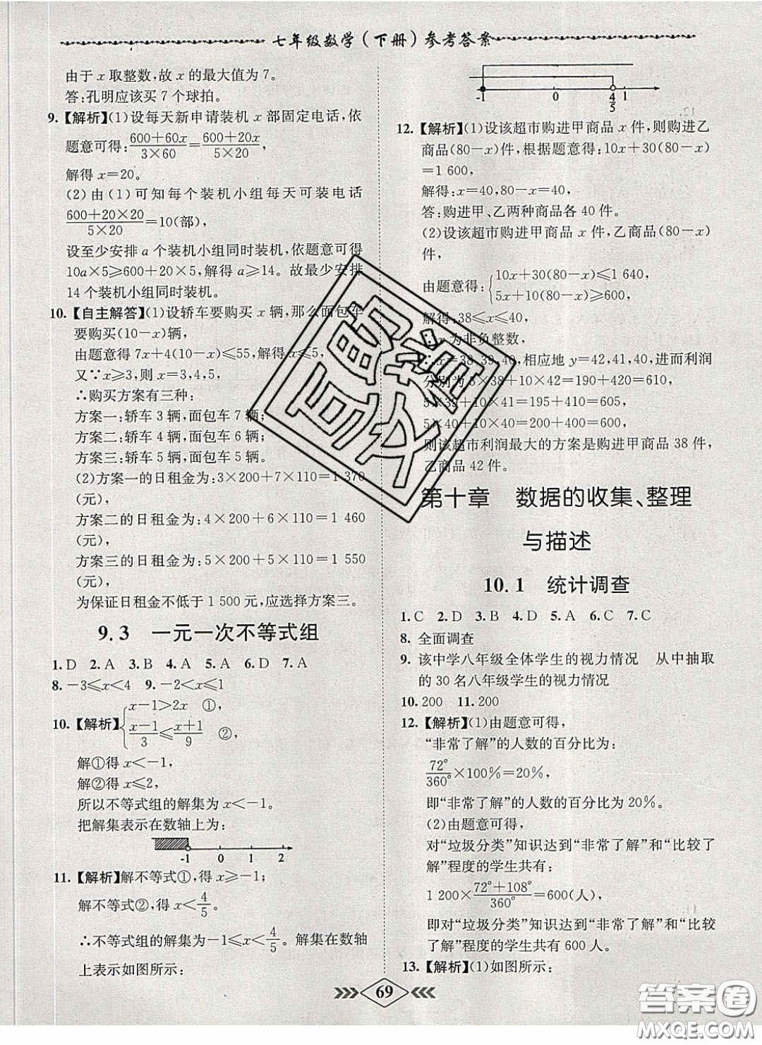 2020優(yōu)等生名校學(xué)案課課小考卷課堂十分鐘七年級(jí)數(shù)學(xué)下冊(cè)人教版答案