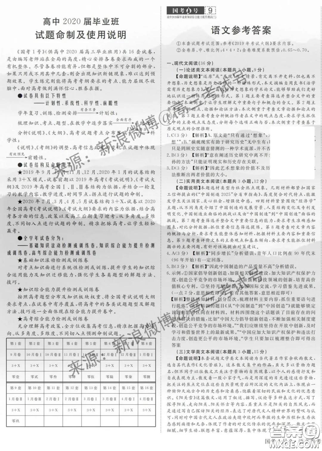 國考1號(hào)9高中2020屆畢業(yè)班知識(shí)綜合能力提升測(cè)試語文答案