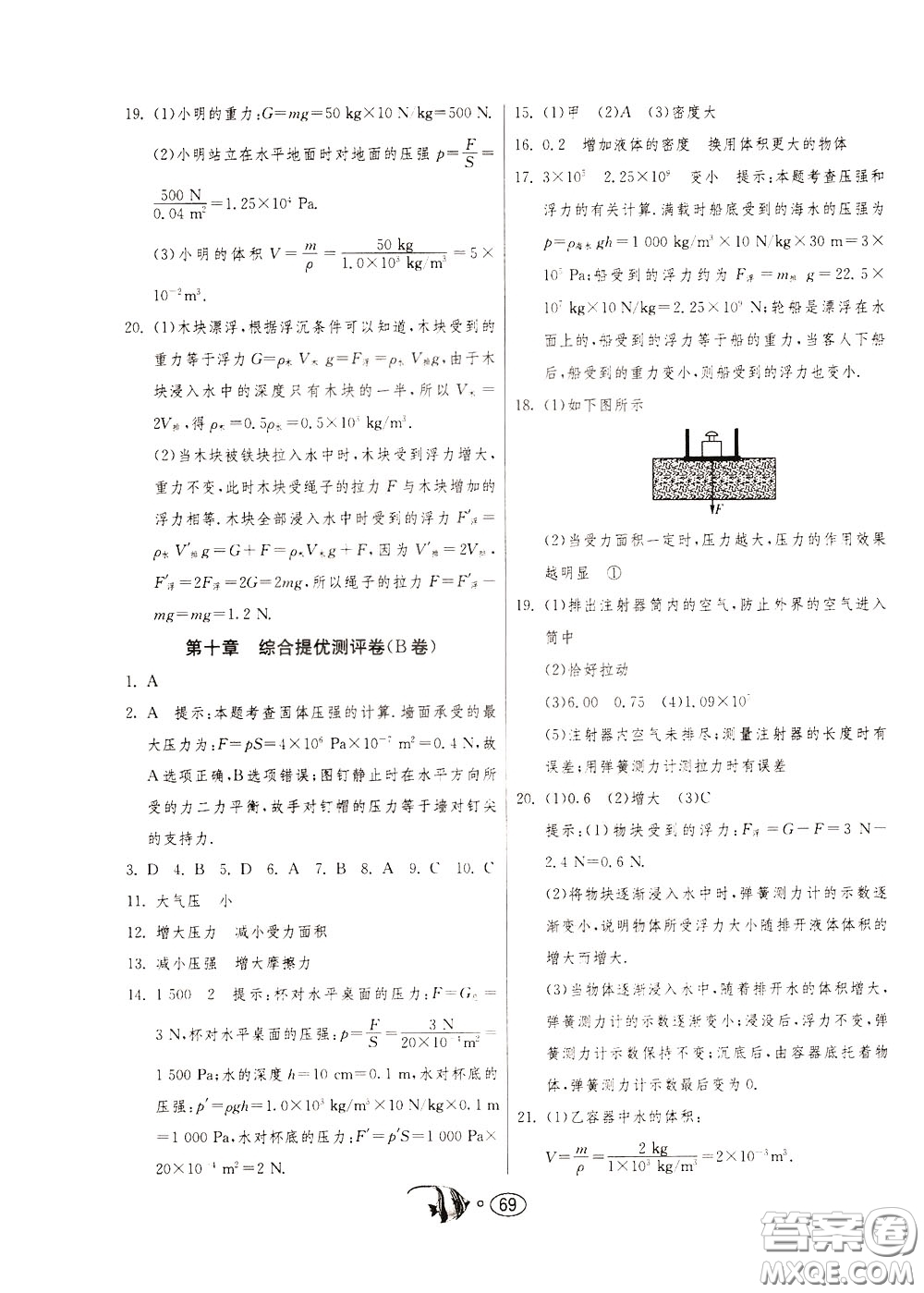 2020年考必勝名牌牛匹卷提優(yōu)名卷物理八年級下冊JSKJ江蘇科教版參考答案