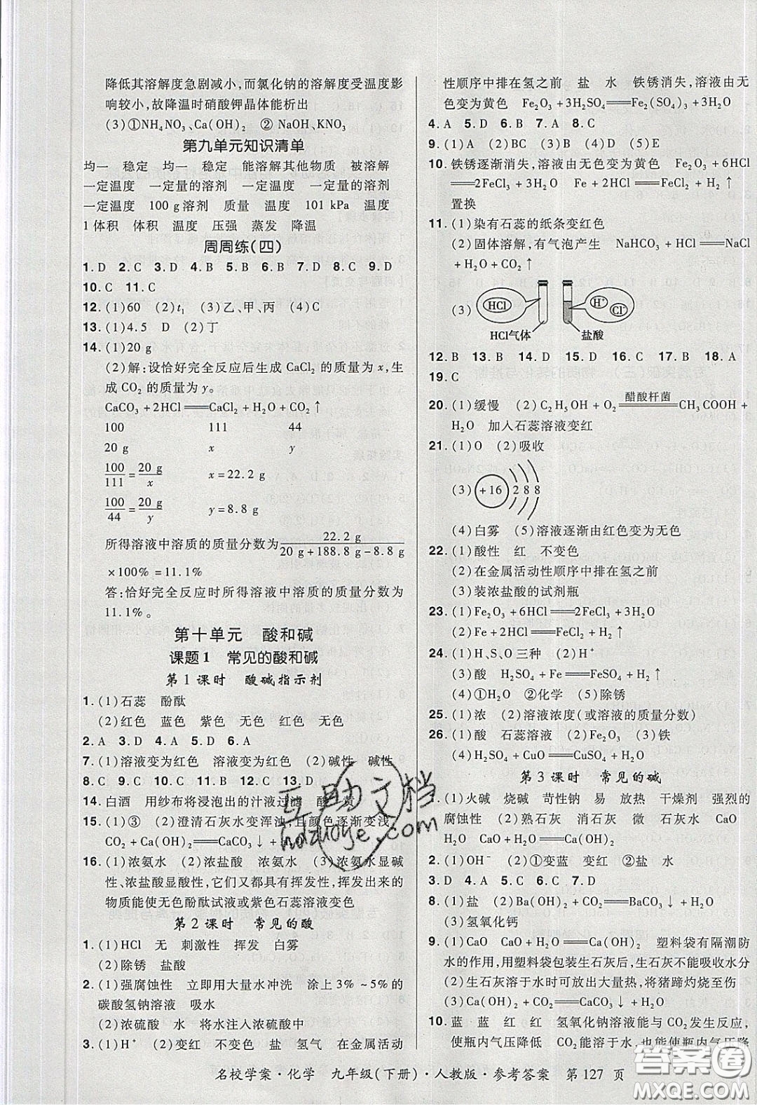 2020年國華作業(yè)本名校學案九年級化學下冊人教版答案