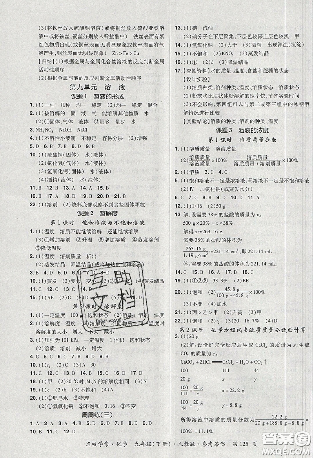 2020年國華作業(yè)本名校學案九年級化學下冊人教版答案