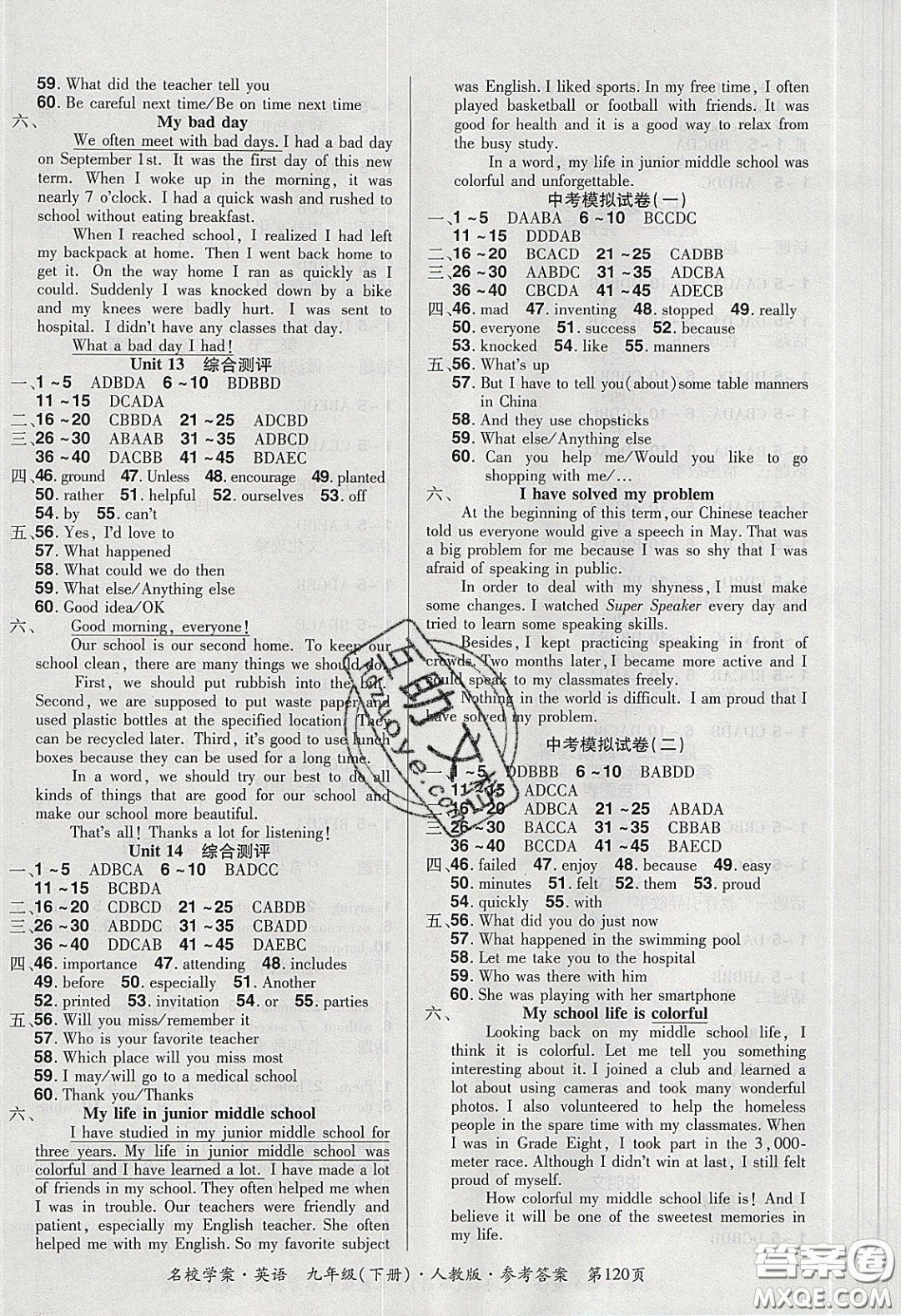 2020年國(guó)華作業(yè)本名校學(xué)案九年級(jí)英語下冊(cè)人教版答案