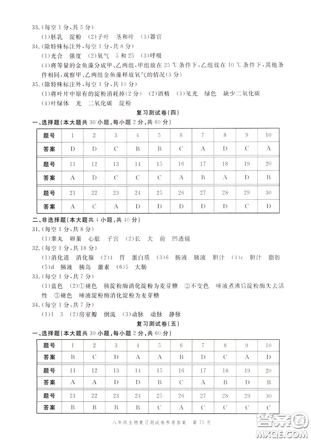 南粵學(xué)典2020年名師金典測(cè)試卷生物八年級(jí)復(fù)習(xí)R人教版參考答案