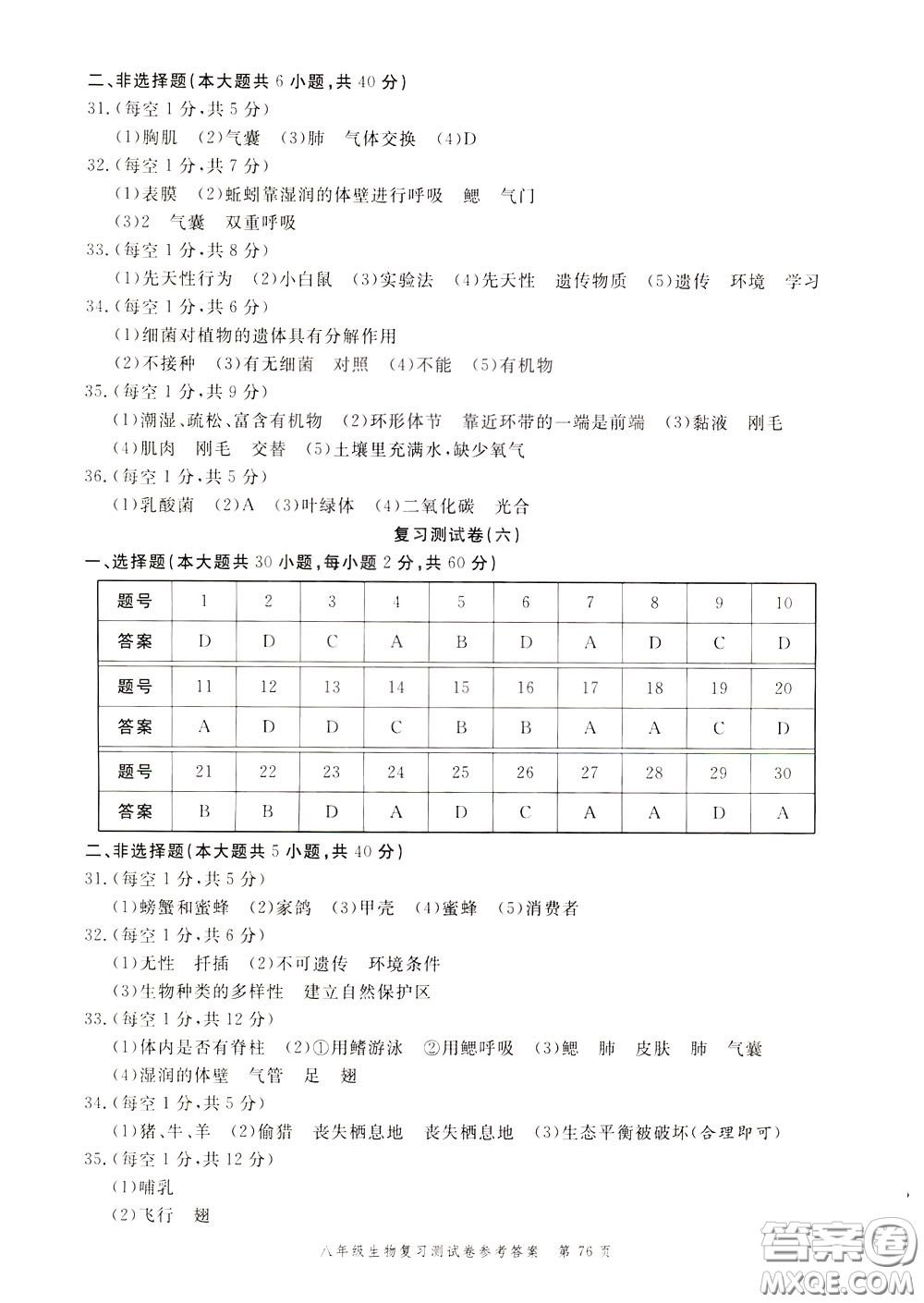 南粵學(xué)典2020年名師金典測(cè)試卷生物八年級(jí)復(fù)習(xí)R人教版參考答案