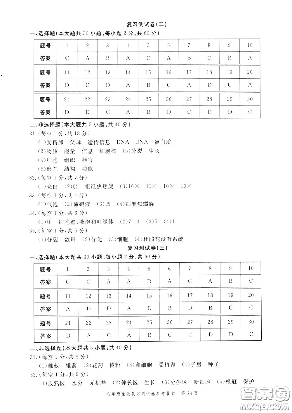 南粵學(xué)典2020年名師金典測(cè)試卷生物八年級(jí)復(fù)習(xí)R人教版參考答案