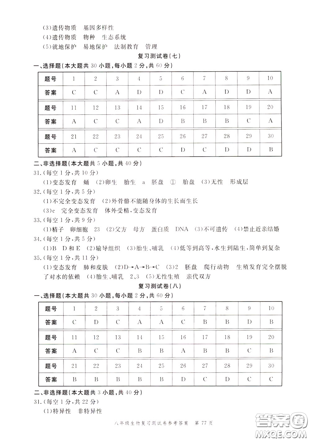 南粵學(xué)典2020年名師金典測(cè)試卷生物八年級(jí)復(fù)習(xí)R人教版參考答案