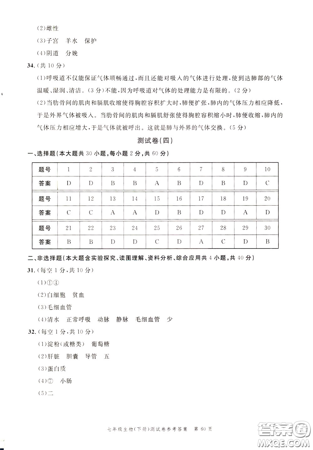 南粵學(xué)典2020年名師金典測(cè)試卷生物七年級(jí)下冊(cè)R人教版參考答案