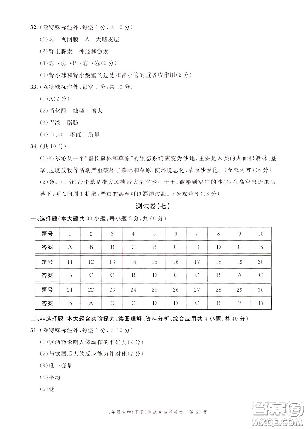 南粵學(xué)典2020年名師金典測(cè)試卷生物七年級(jí)下冊(cè)R人教版參考答案