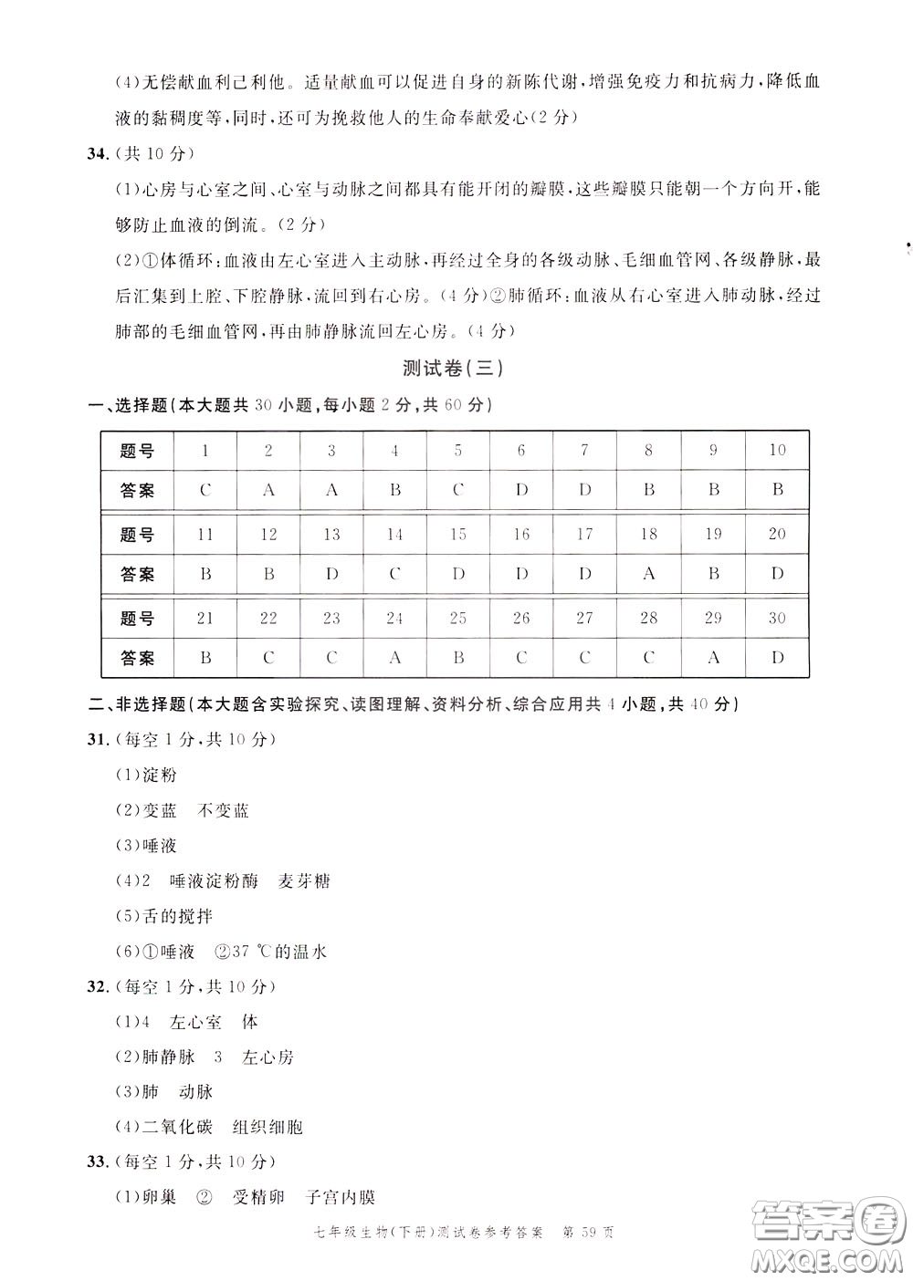 南粵學(xué)典2020年名師金典測(cè)試卷生物七年級(jí)下冊(cè)R人教版參考答案