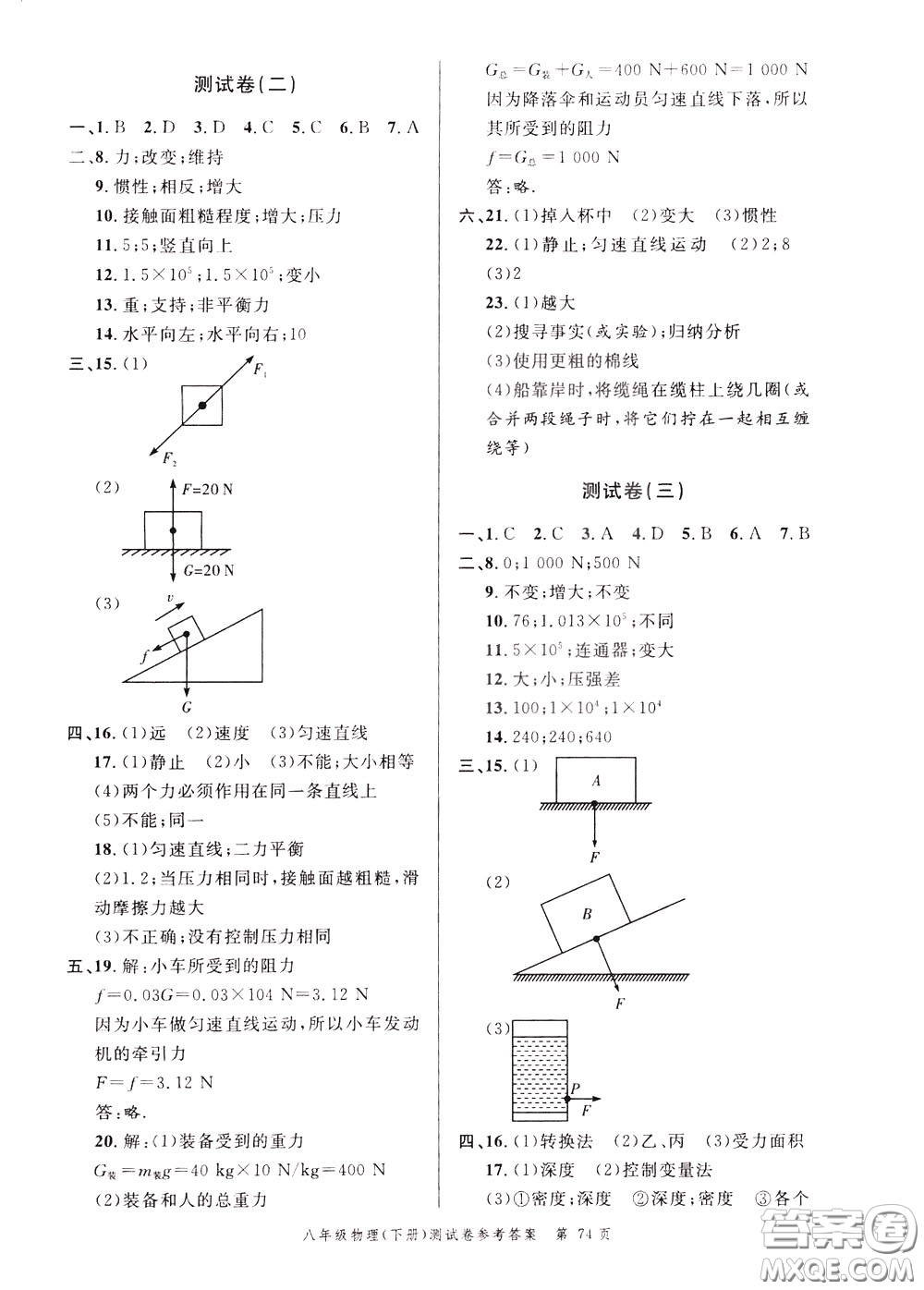 南粵學(xué)典2020年名師金典測試卷物理八年級下冊R人教版參考答案