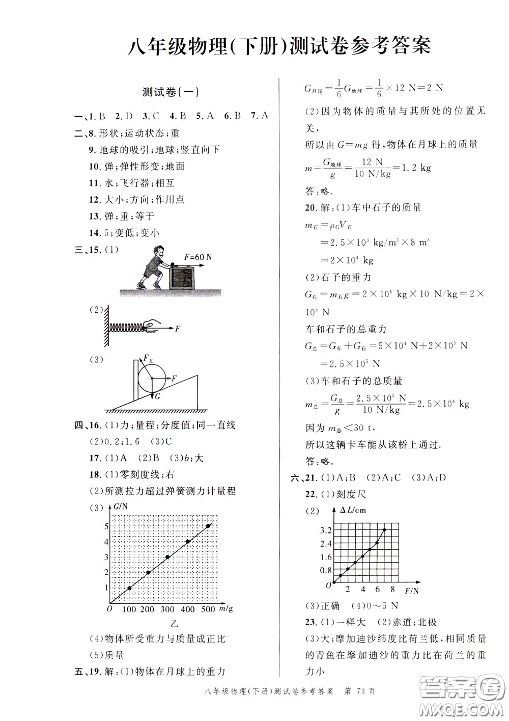 南粵學(xué)典2020年名師金典測試卷物理八年級下冊R人教版參考答案