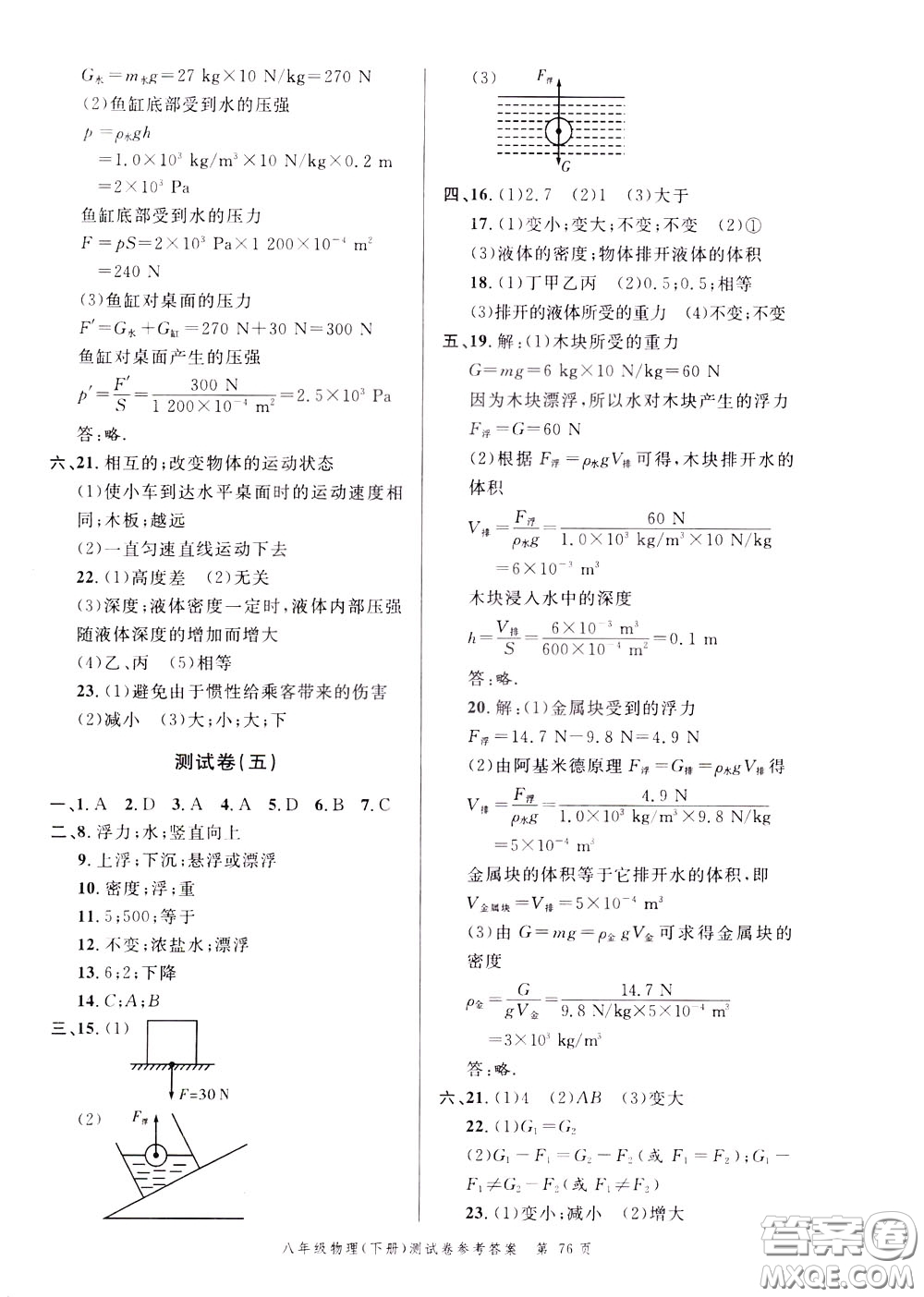 南粵學(xué)典2020年名師金典測試卷物理八年級下冊R人教版參考答案