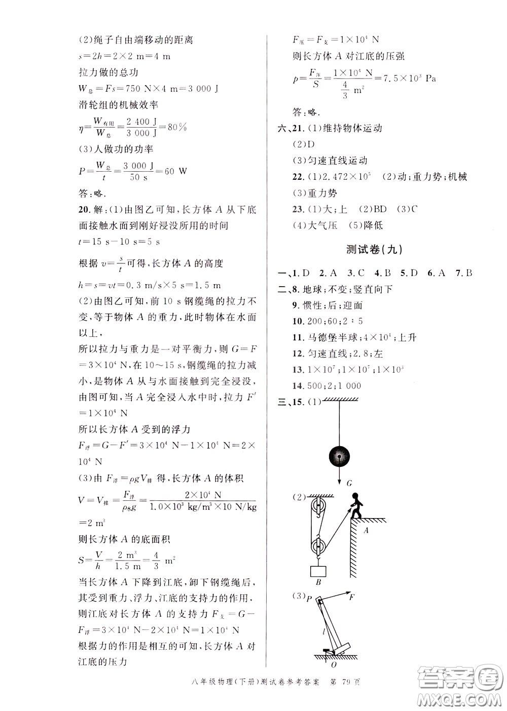 南粵學(xué)典2020年名師金典測試卷物理八年級下冊R人教版參考答案