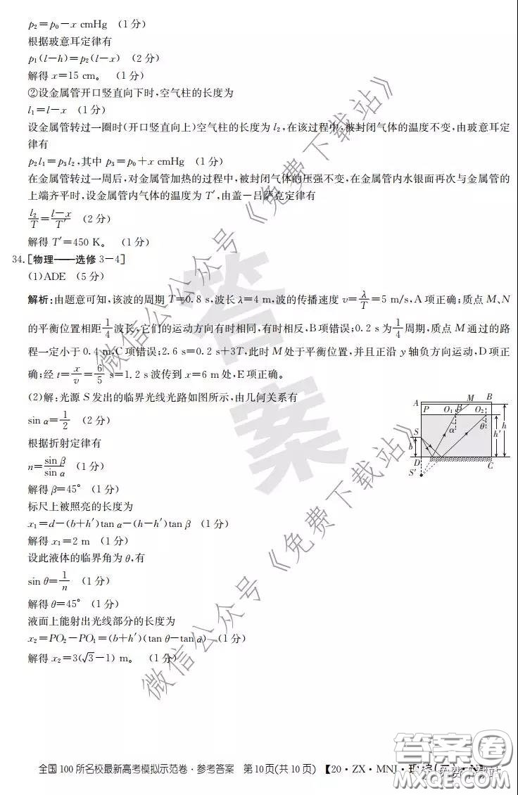 2020年全國(guó)100所名校最新高考模擬示范卷二理科綜合答案