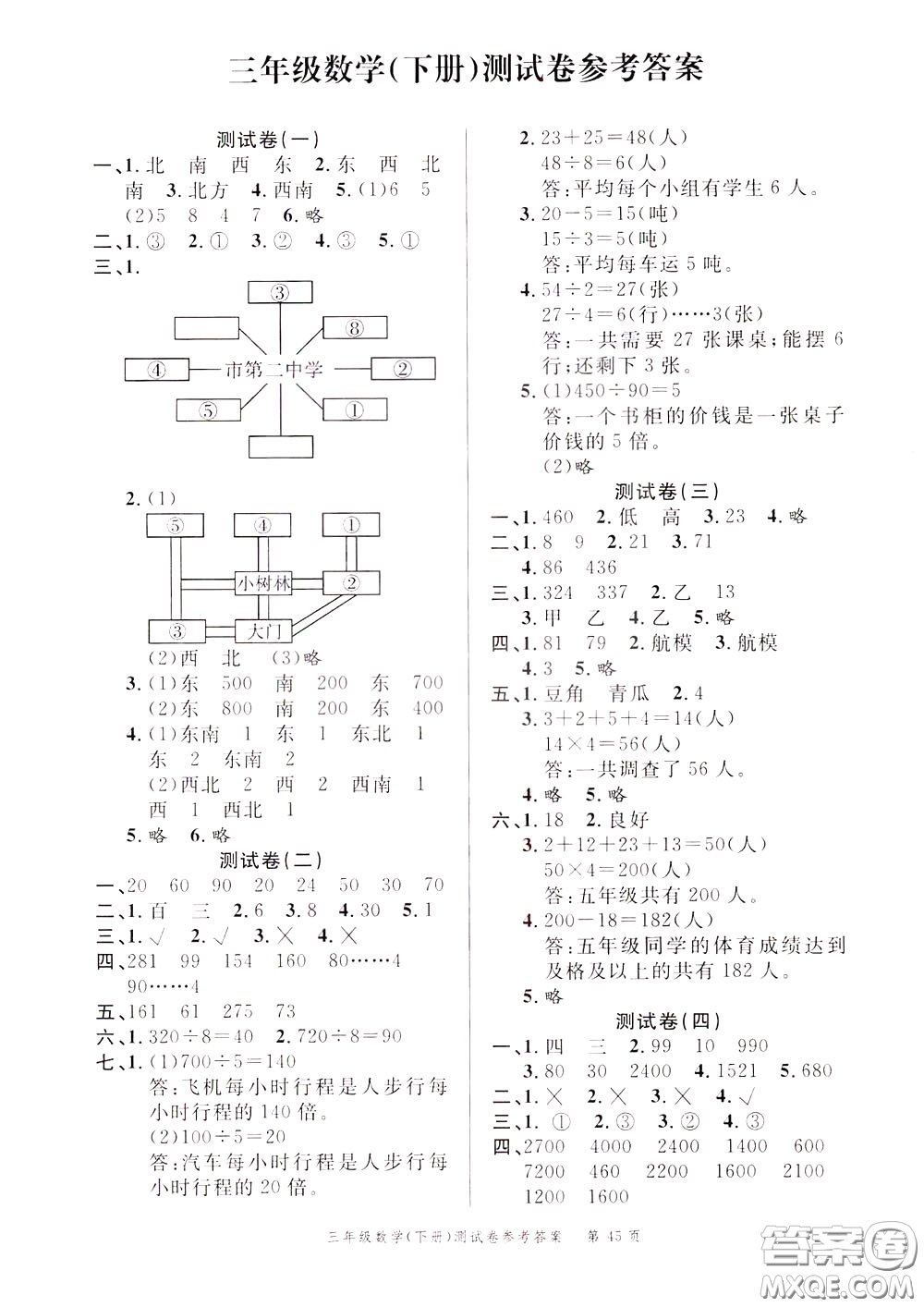 南粵學(xué)典2020年名師金典測試卷數(shù)學(xué)三年級(jí)下冊(cè)R人教版參考答案