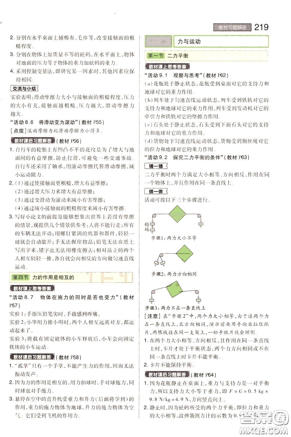 2020年王后雄初中教材完全解讀八年級下冊物理SKWL蘇科版參考答案