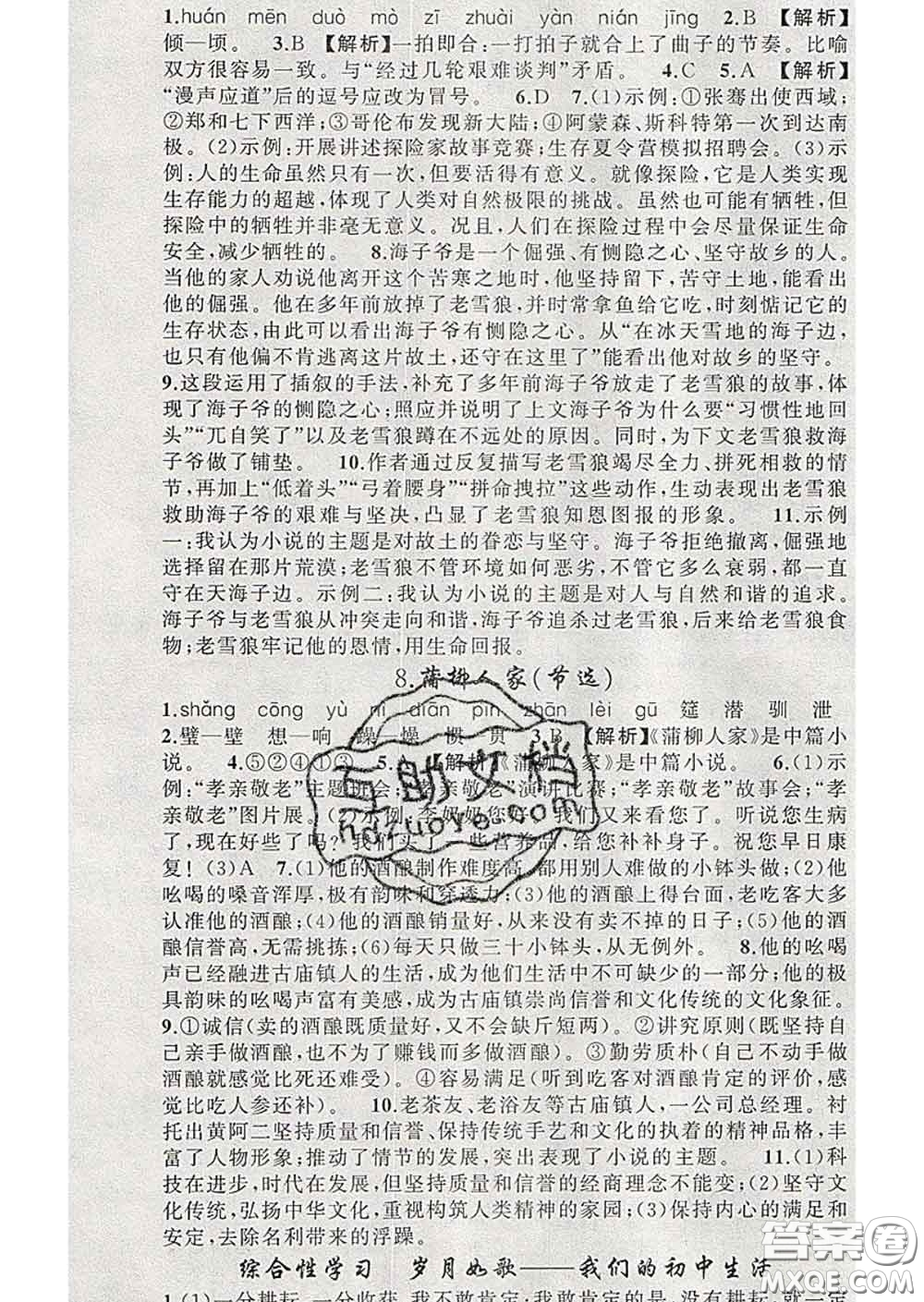 新疆青少年出版社2020春黃岡100分闖關(guān)九年級(jí)語文下冊人教版答案