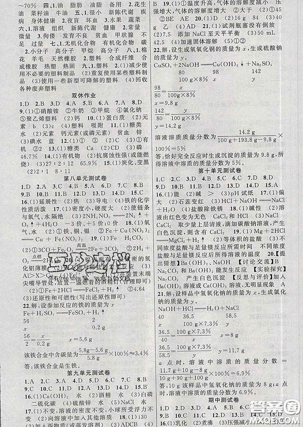 新疆青少年出版社2020春黃岡100分闖關(guān)九年級化學(xué)下冊人教版答案