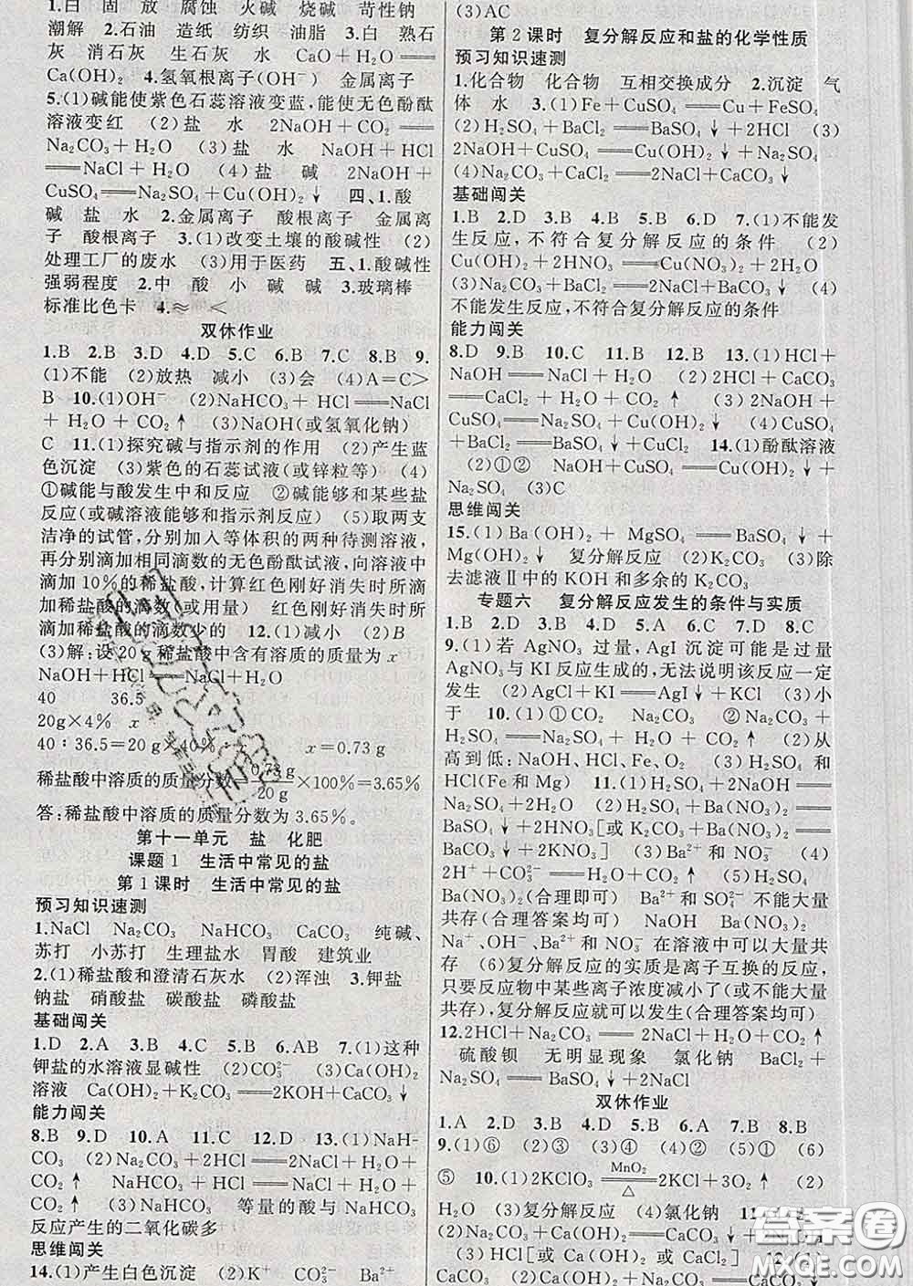 新疆青少年出版社2020春黃岡100分闖關(guān)九年級化學(xué)下冊人教版答案