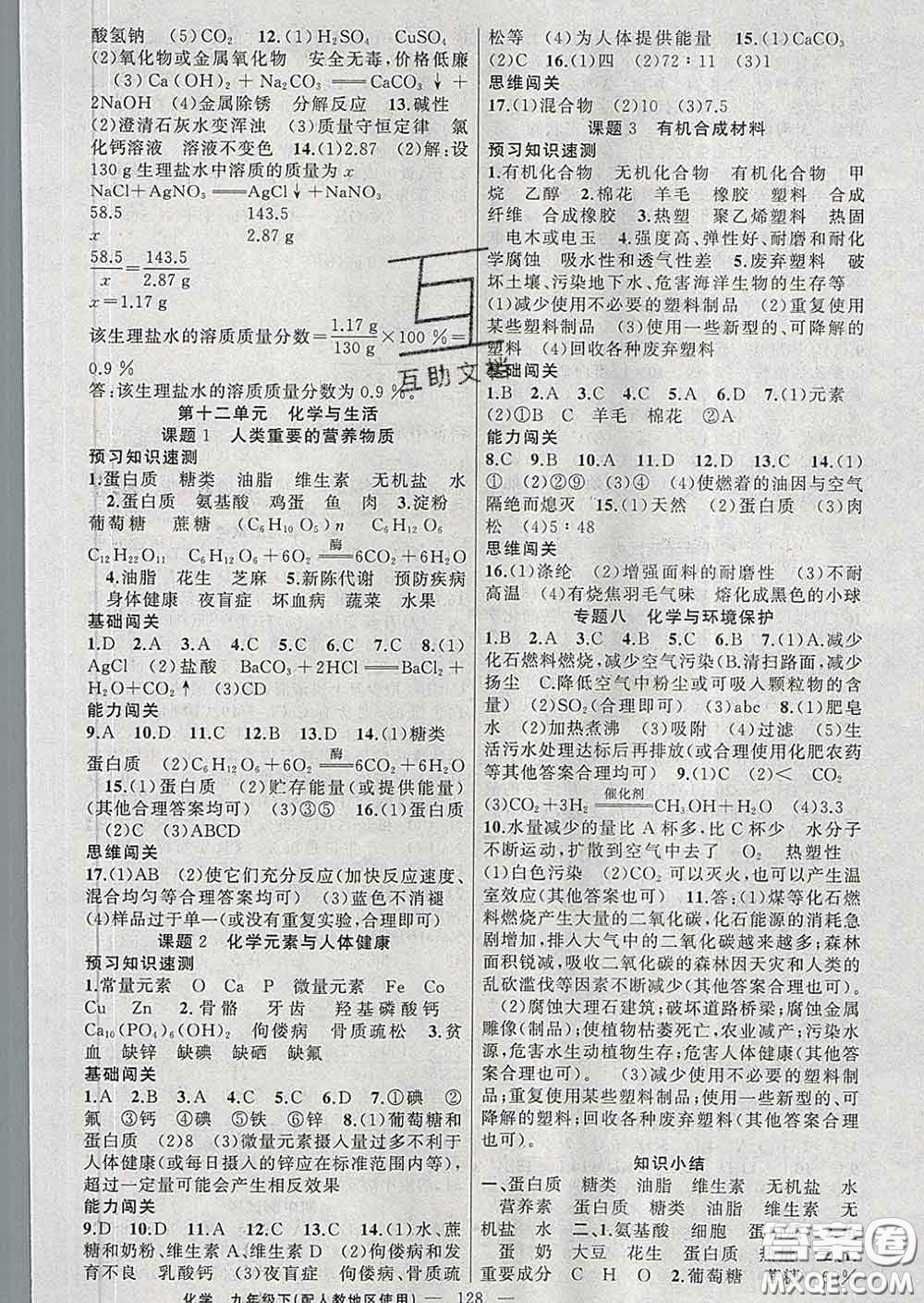 新疆青少年出版社2020春黃岡100分闖關(guān)九年級化學(xué)下冊人教版答案