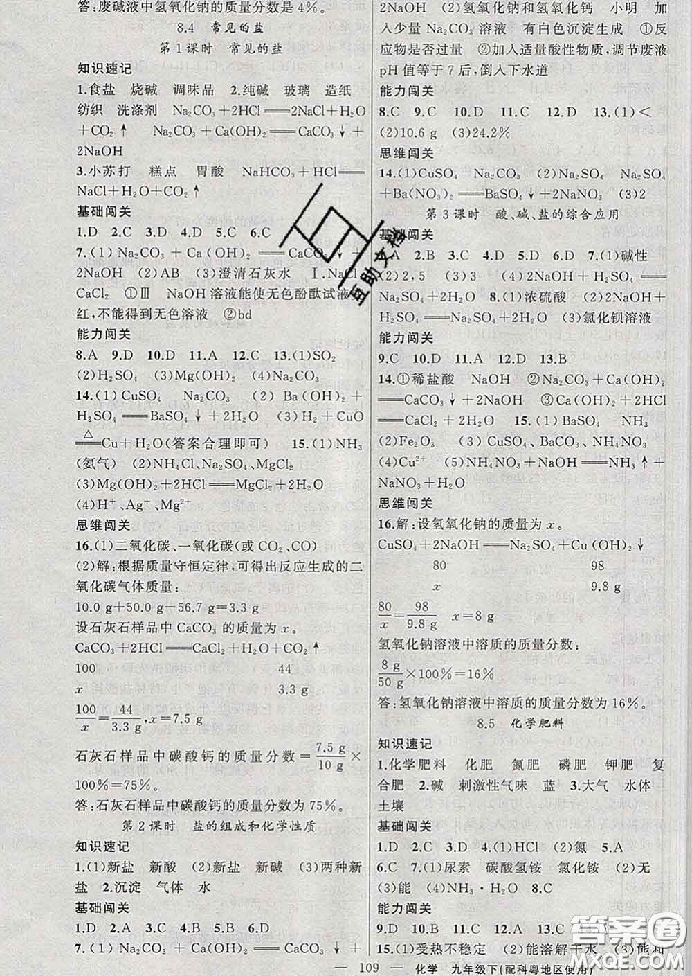 新疆青少年出版社2020春黃岡100分闖關九年級化學下冊科粵版答案