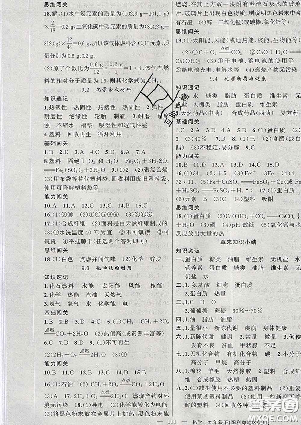 新疆青少年出版社2020春黃岡100分闖關九年級化學下冊科粵版答案