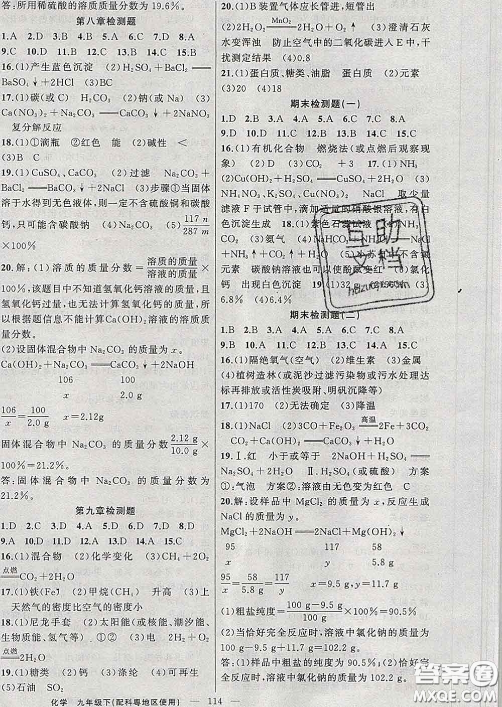 新疆青少年出版社2020春黃岡100分闖關九年級化學下冊科粵版答案