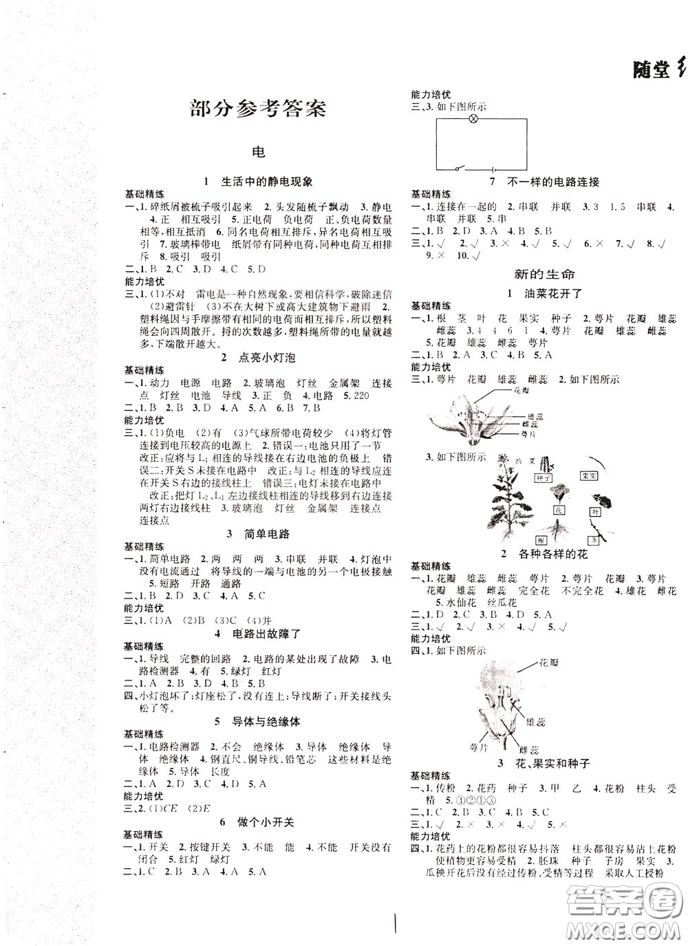 晨光出版社2020年課時掌控隨堂練習(xí)科學(xué)4年級下冊J教科版參考答案