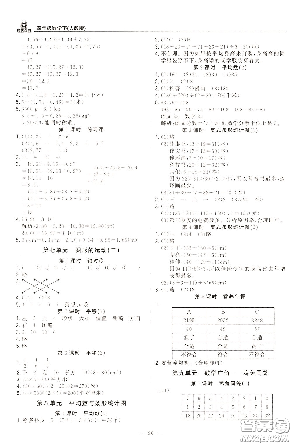 2020年1+1輕巧奪冠優(yōu)化訓(xùn)練四年級(jí)下冊(cè)數(shù)學(xué)人教版參考答案