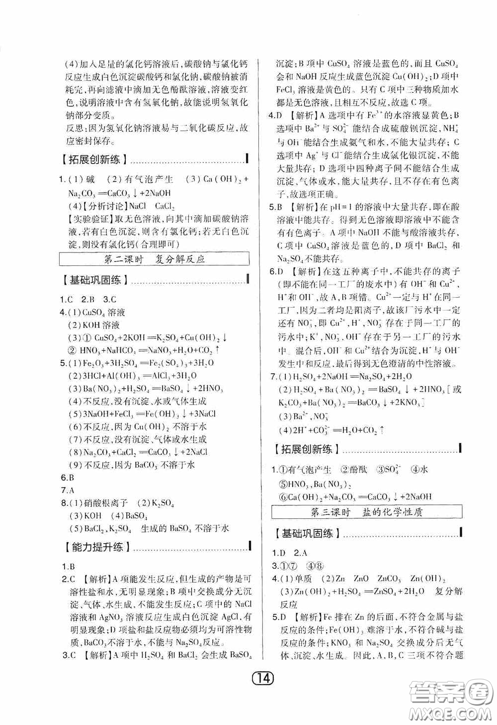 東北師范大學(xué)出版社2020北大綠卡課時同步講練九年級化學(xué)下冊人教版答案