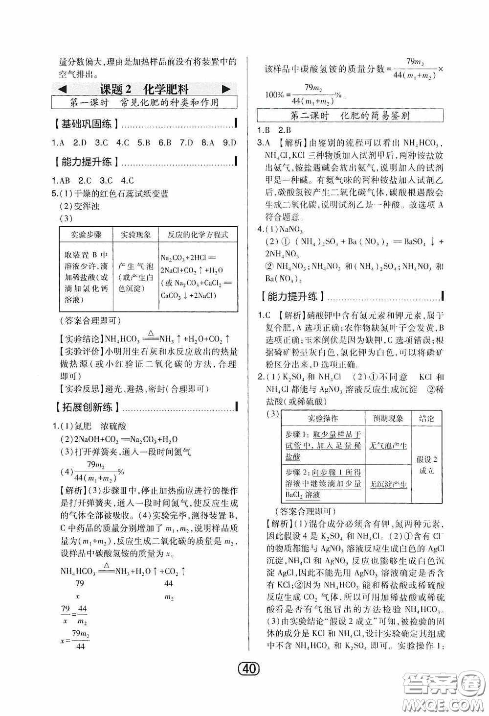 東北師范大學(xué)出版社2020北大綠卡課時同步講練九年級化學(xué)下冊人教版答案