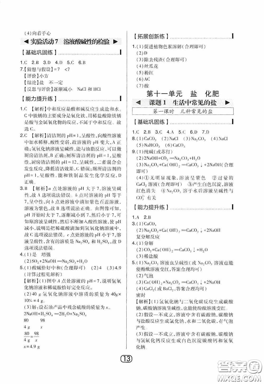 東北師范大學(xué)出版社2020北大綠卡課時同步講練九年級化學(xué)下冊人教版答案