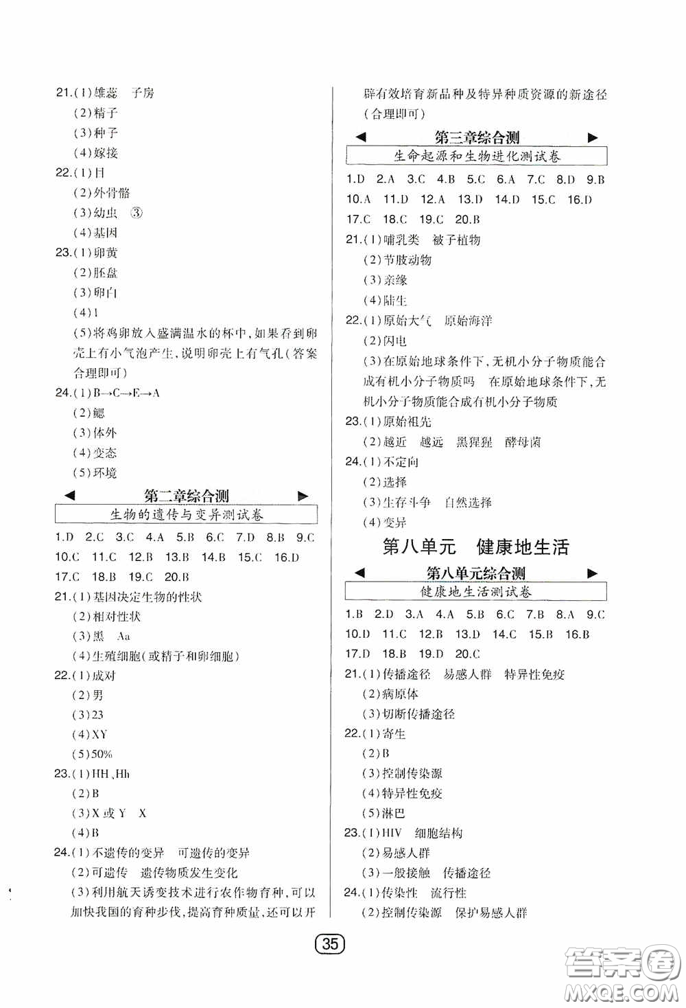 東北師范大學(xué)出版社2020北大綠卡課時同步講練八年級生物下冊人教版答案