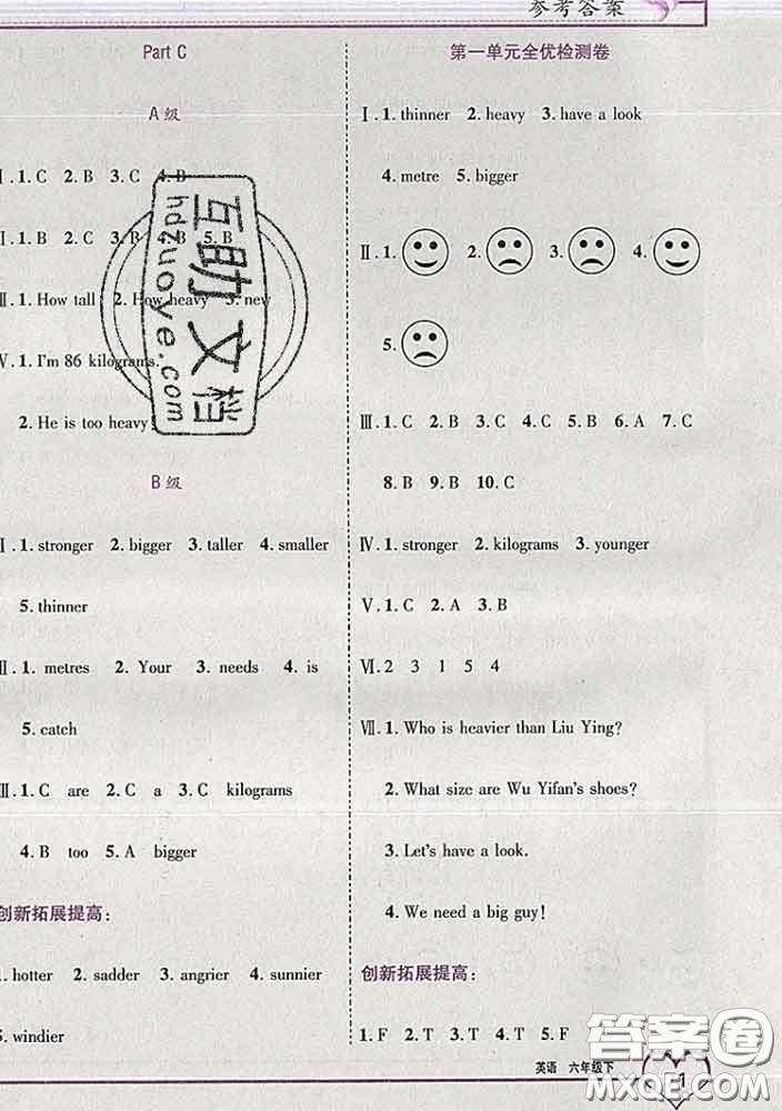 2020新版新全優(yōu)全優(yōu)備考六年級英語下冊人教版答案