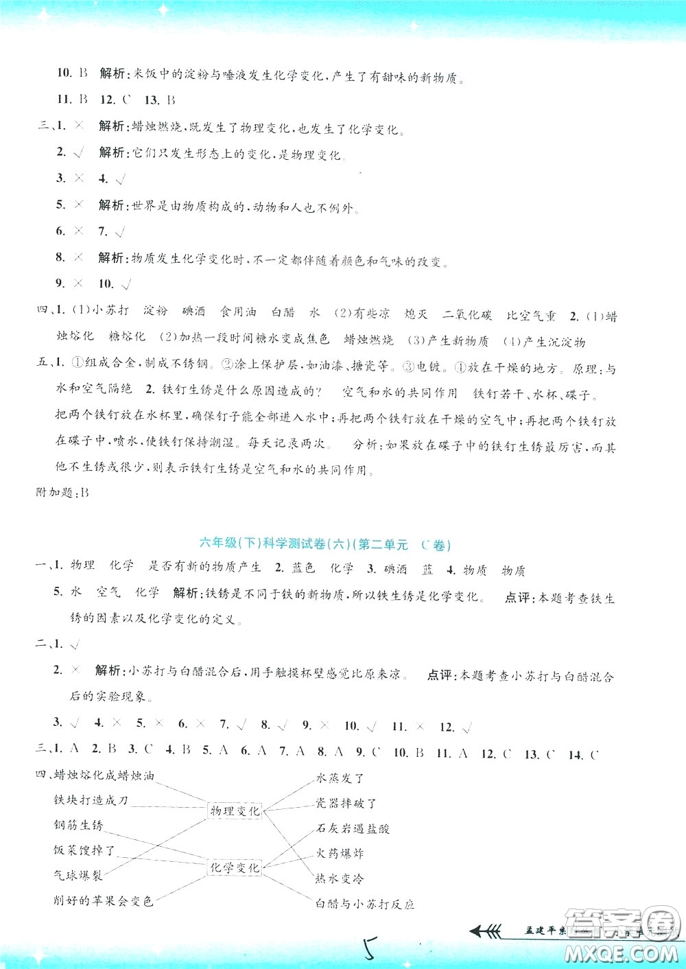 孟建平系列叢書2020年小學單元測試科學六年級下冊J教科版參考答案