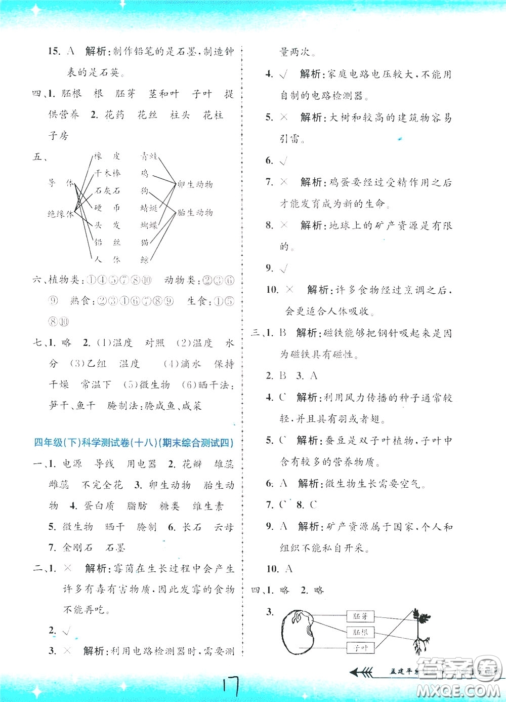 孟建平系列叢書(shū)2020年小學(xué)單元測(cè)試科學(xué)四年級(jí)下冊(cè)J教科版參考答案