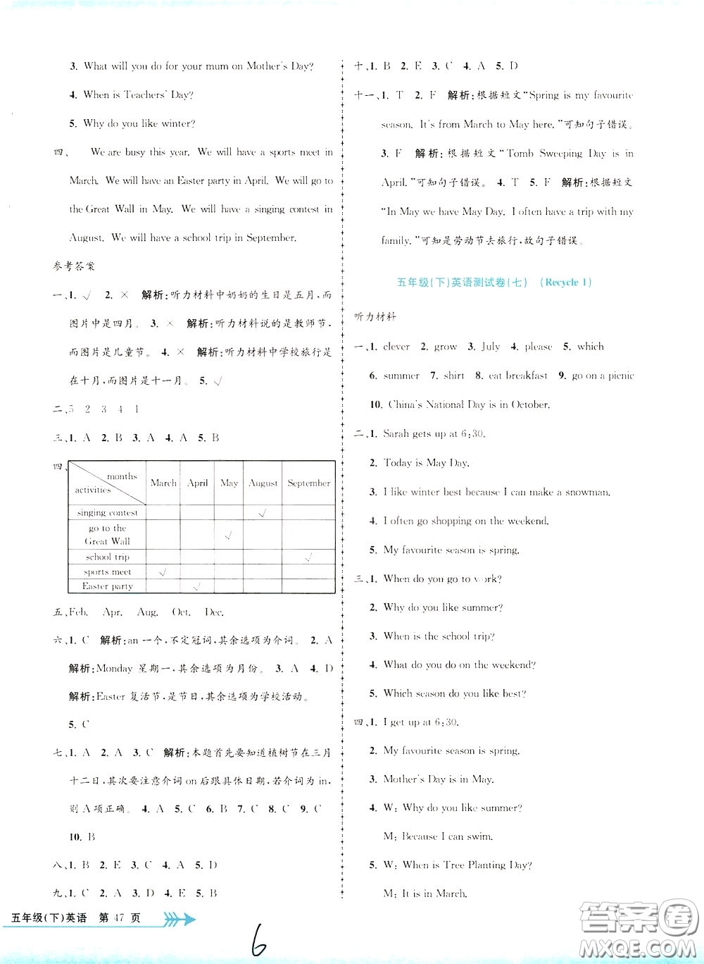 孟建平系列叢書2020年小學單元測試英語五年級下冊JR人教版參考答案