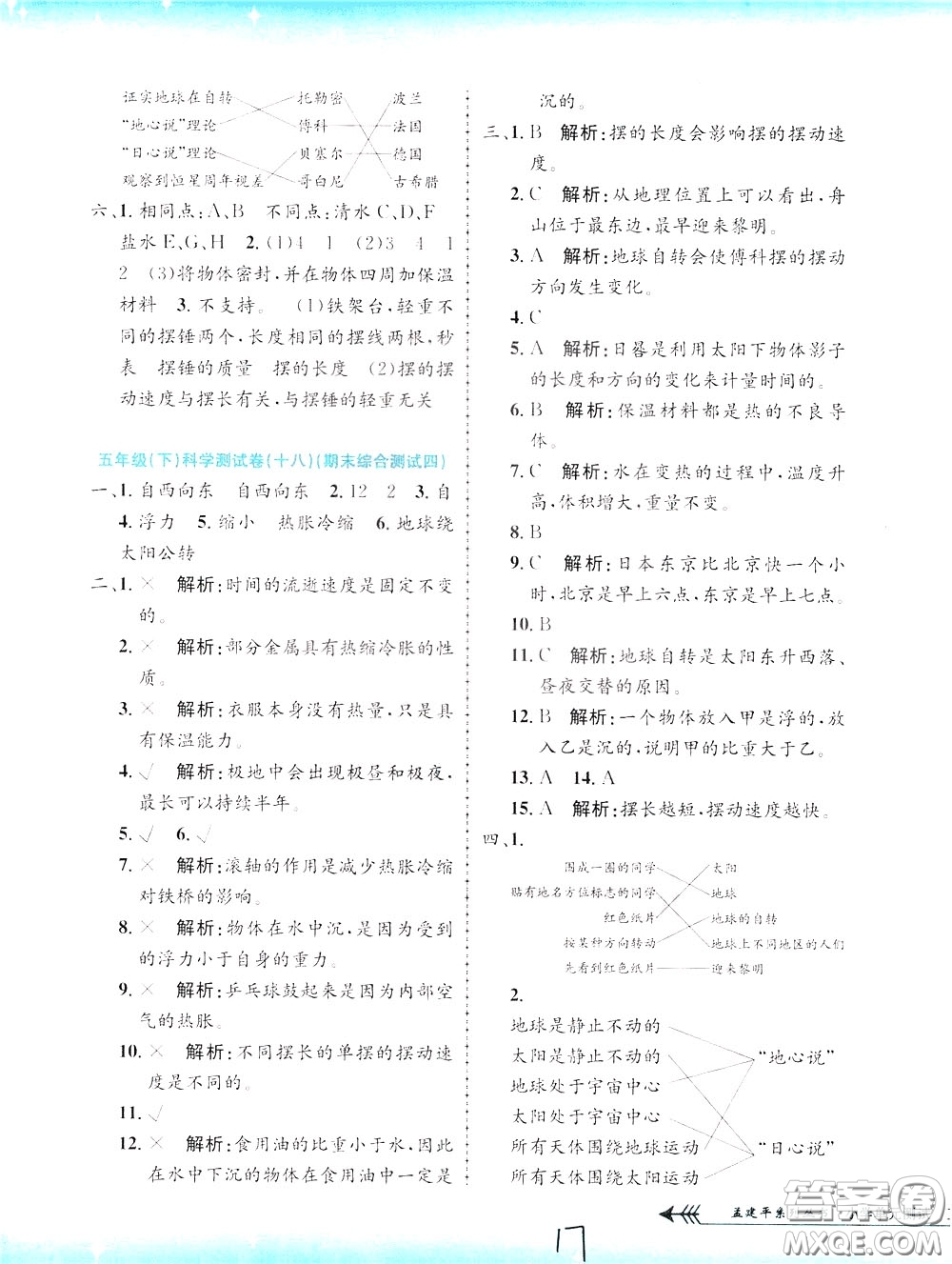 孟建平系列叢書2020年小學(xué)單元測試科學(xué)五年級下冊J教科版參考答案