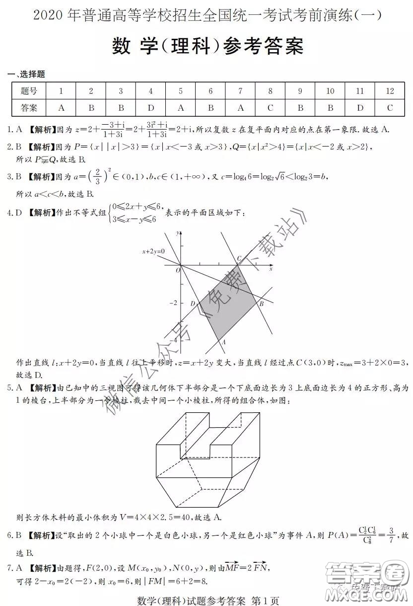 2020年普通高等學(xué)校招生全國(guó)統(tǒng)一考試考前演練一理科數(shù)學(xué)試題及答案