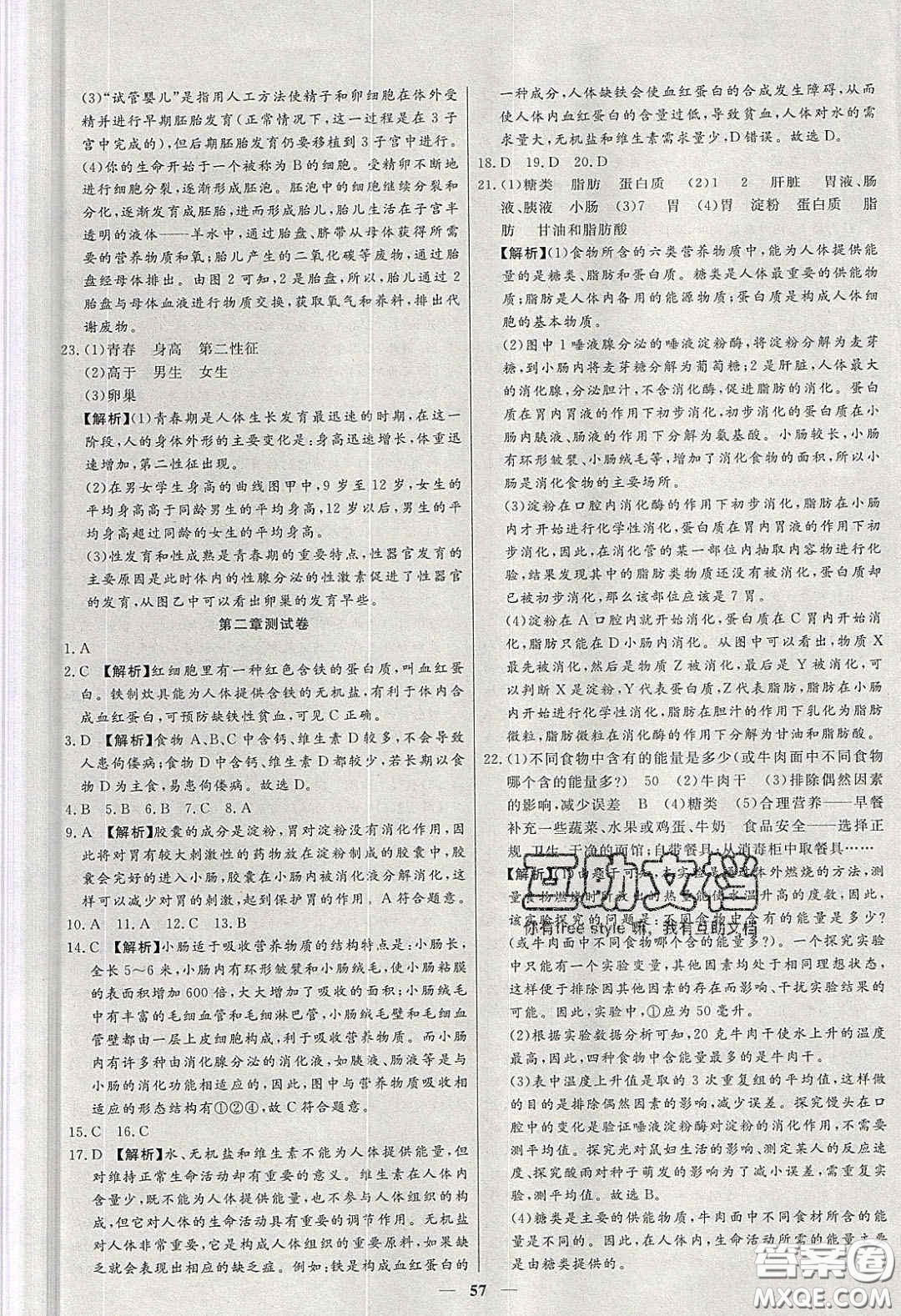 2020年春高分計劃中考版創(chuàng)新作業(yè)七年級生物下冊人教版答案