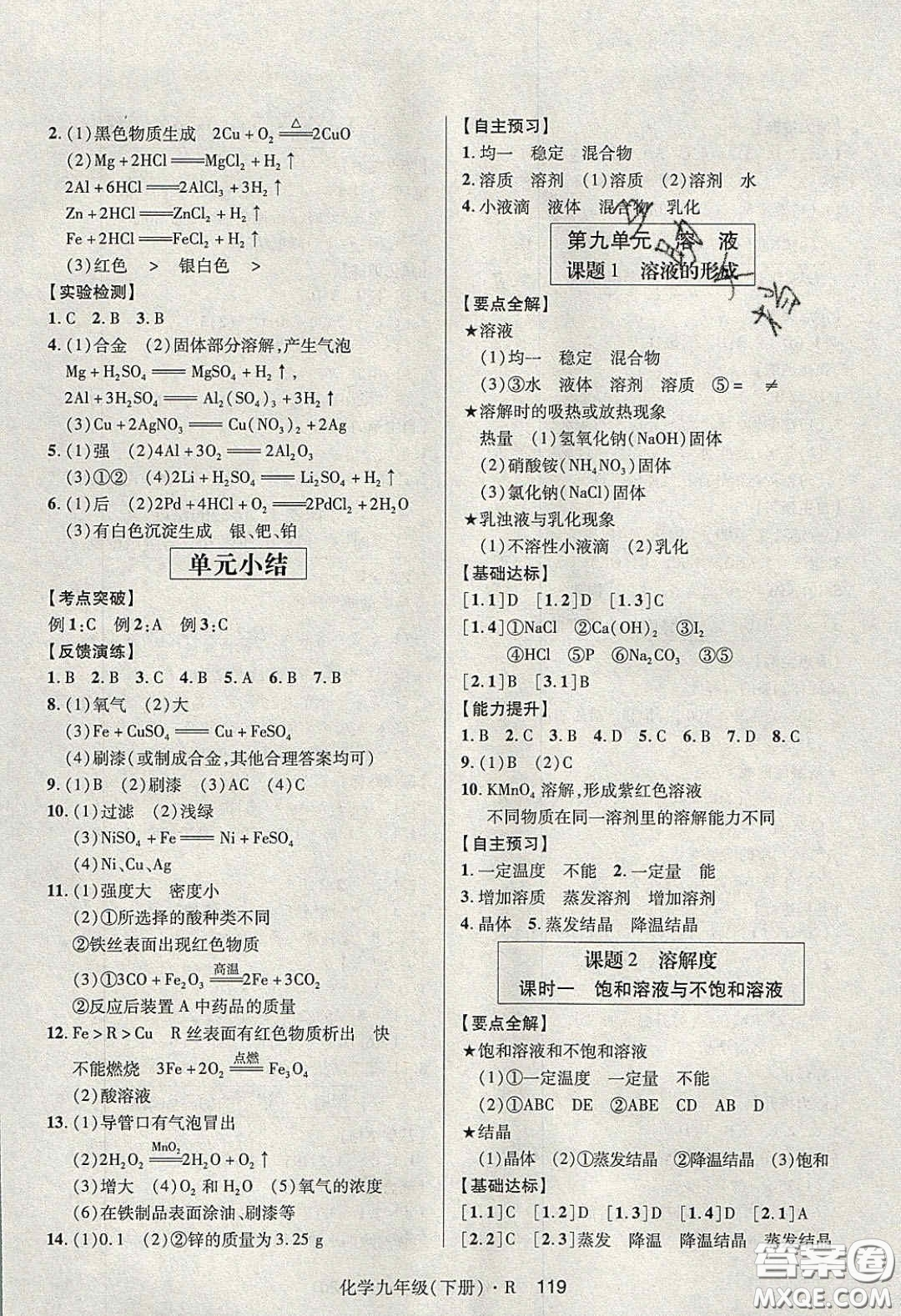 2020年高分突破課時(shí)達(dá)標(biāo)講練測九年級化學(xué)下冊人教版答案