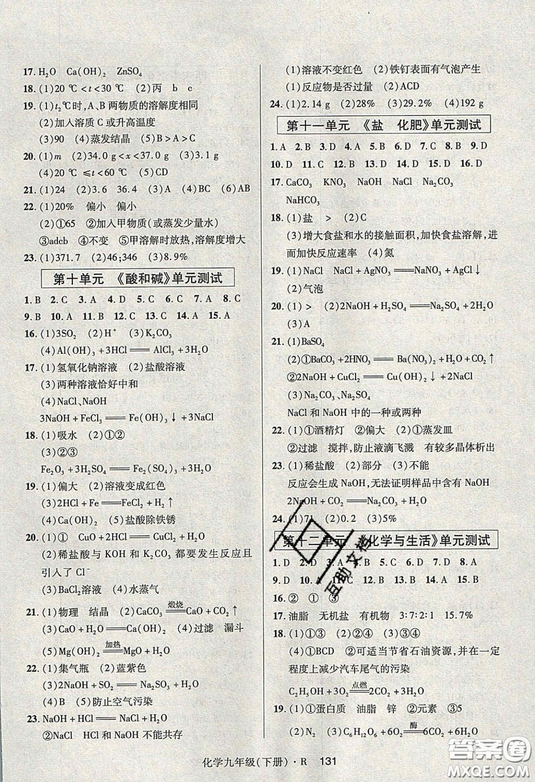 2020年高分突破課時(shí)達(dá)標(biāo)講練測九年級化學(xué)下冊人教版答案